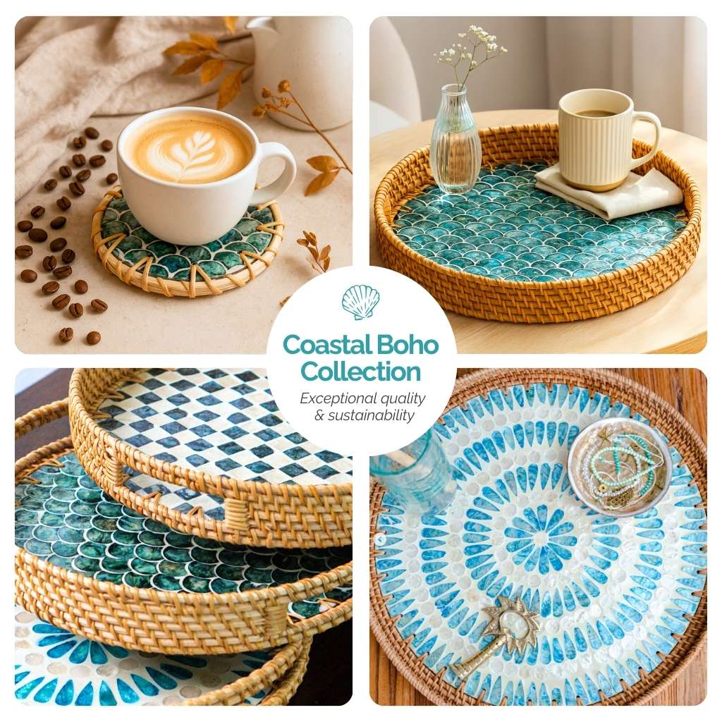 Handmade Natural Rattan & Mother of Pearl Coaster Set (6 Piece + Holder) • Drift