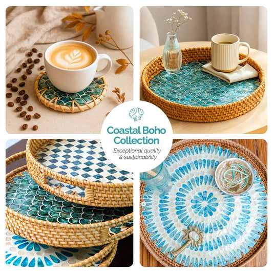Handmade Natural Rattan & Mother of Pearl Coaster Set (6 Piece + Holder) • Drift