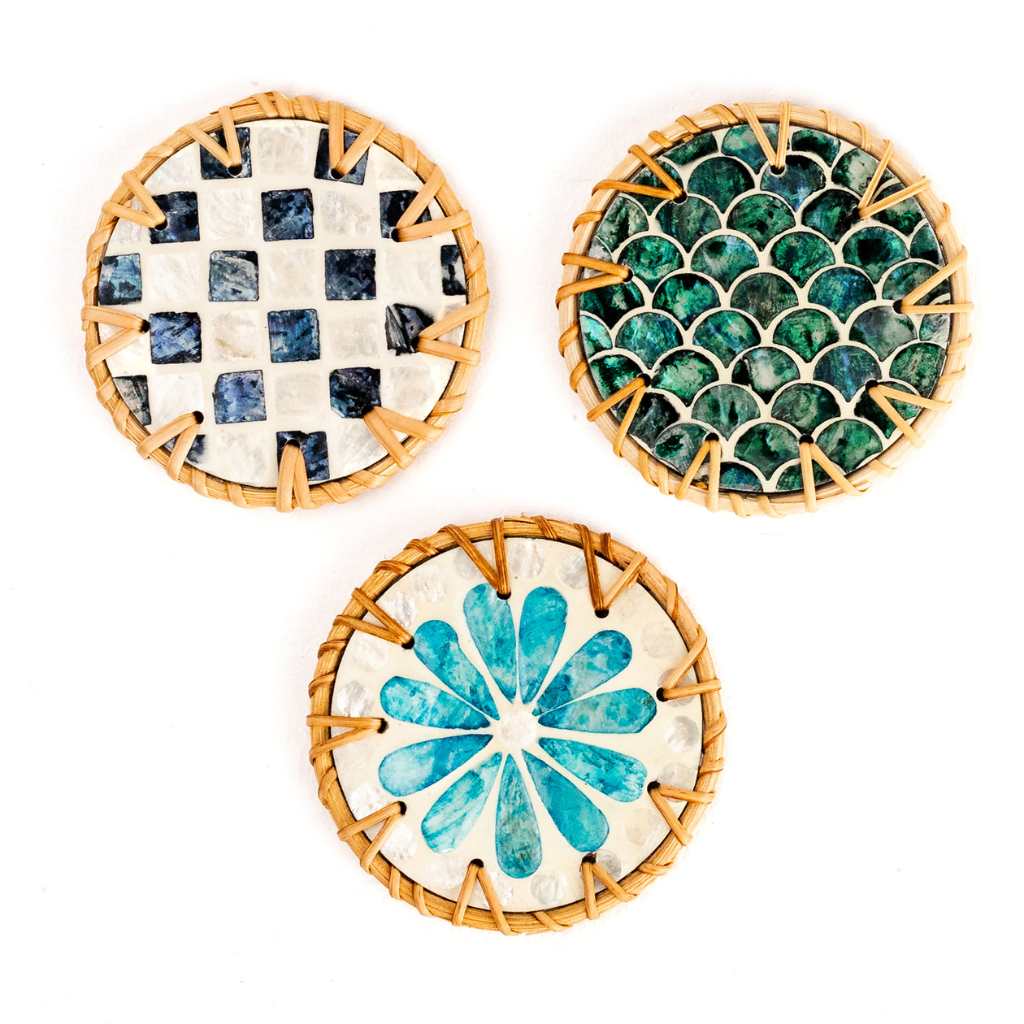 Handmade Natural Rattan & Mother of Pearl Coaster Set (6 Piece + Holder) • Cascade